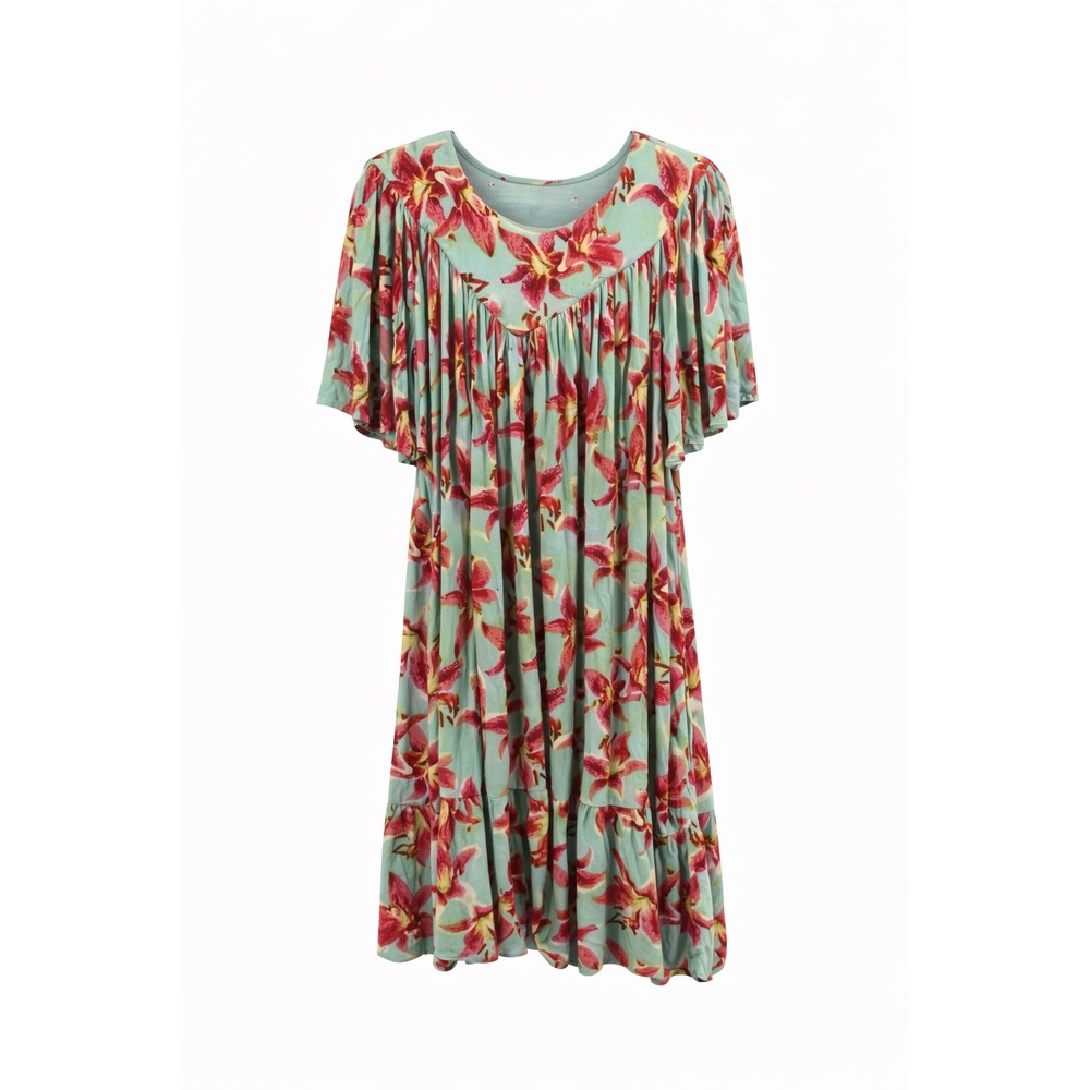 Go Softly Patio Dress Womens Large Blue Pink Lily Floral Tiered‎ Flutter Sleeve